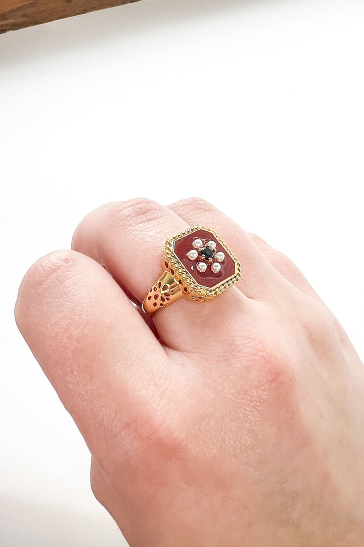 Red Enamel & Pearl 18K Gold Adjustable Ring