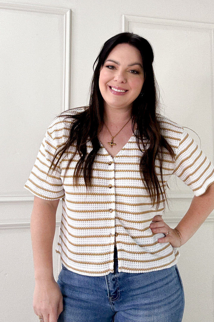 Button Front Textured Waffle Stripe Knit Top