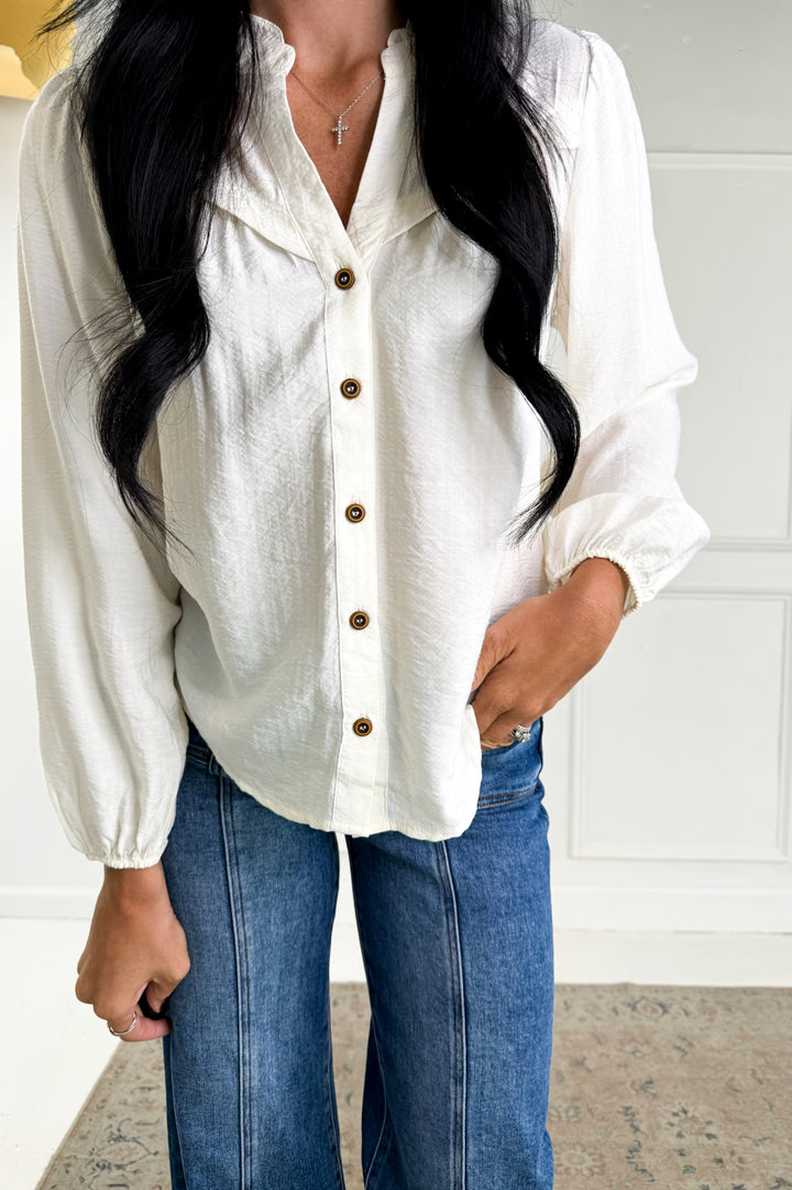 Ruffle Neck Button Down Long Sleeve Top