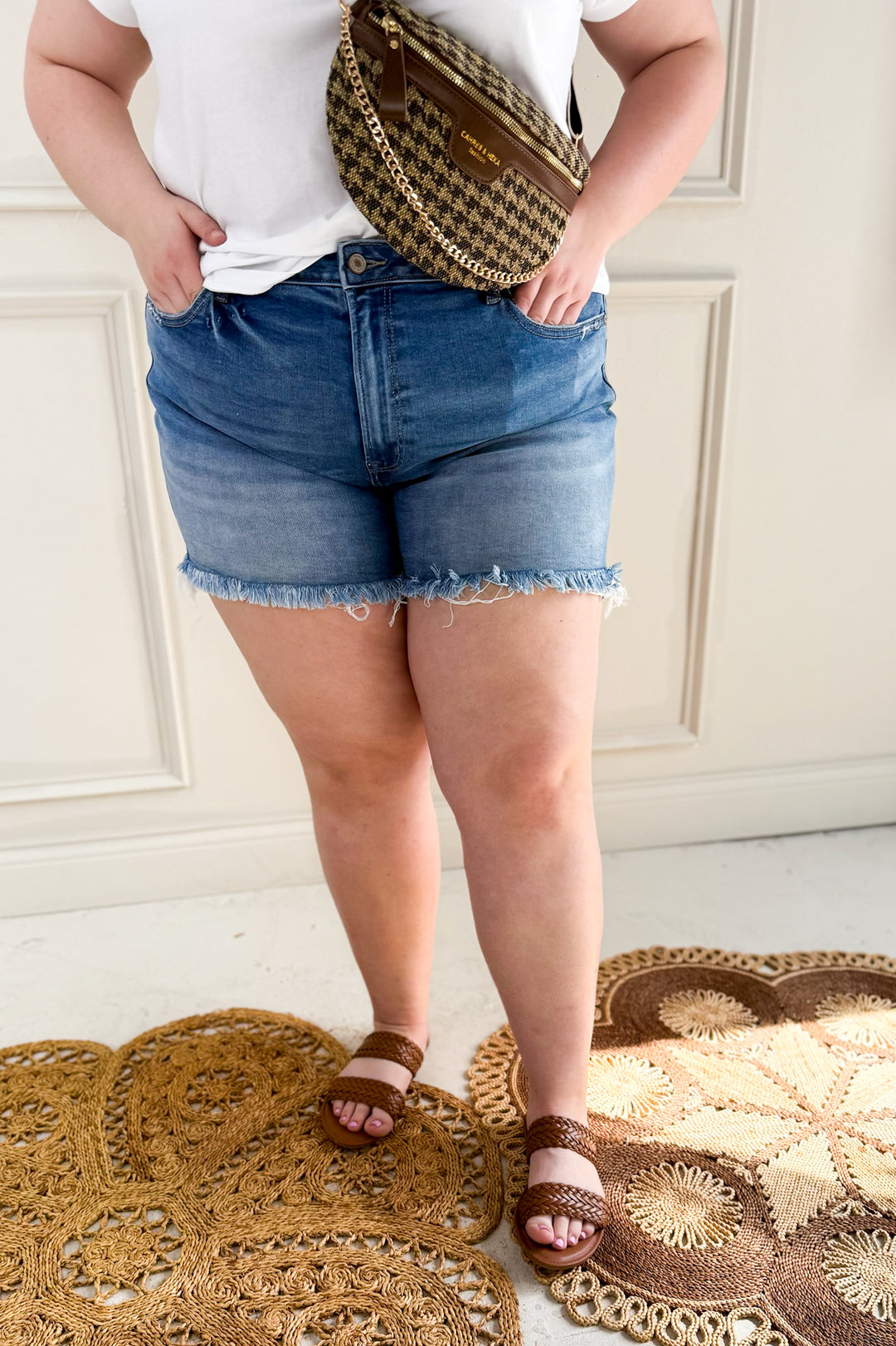 Mid Rise Raw Frayed Denim Shorts