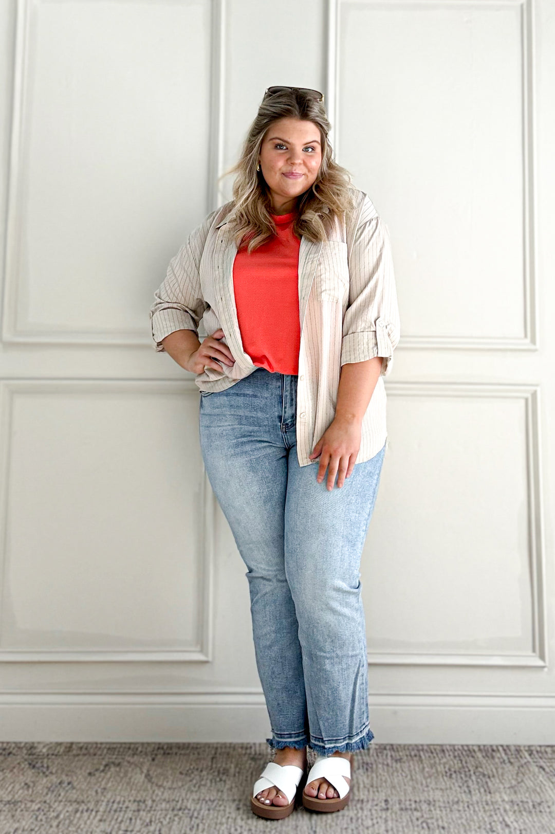 Button Down Pinstripe Lightweight Curvy Top