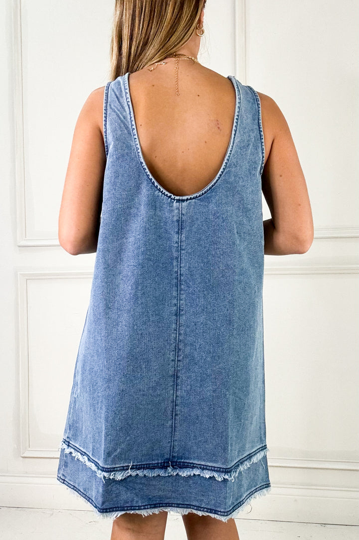Denim Low Scoop Back Sleeveless Mini Dress