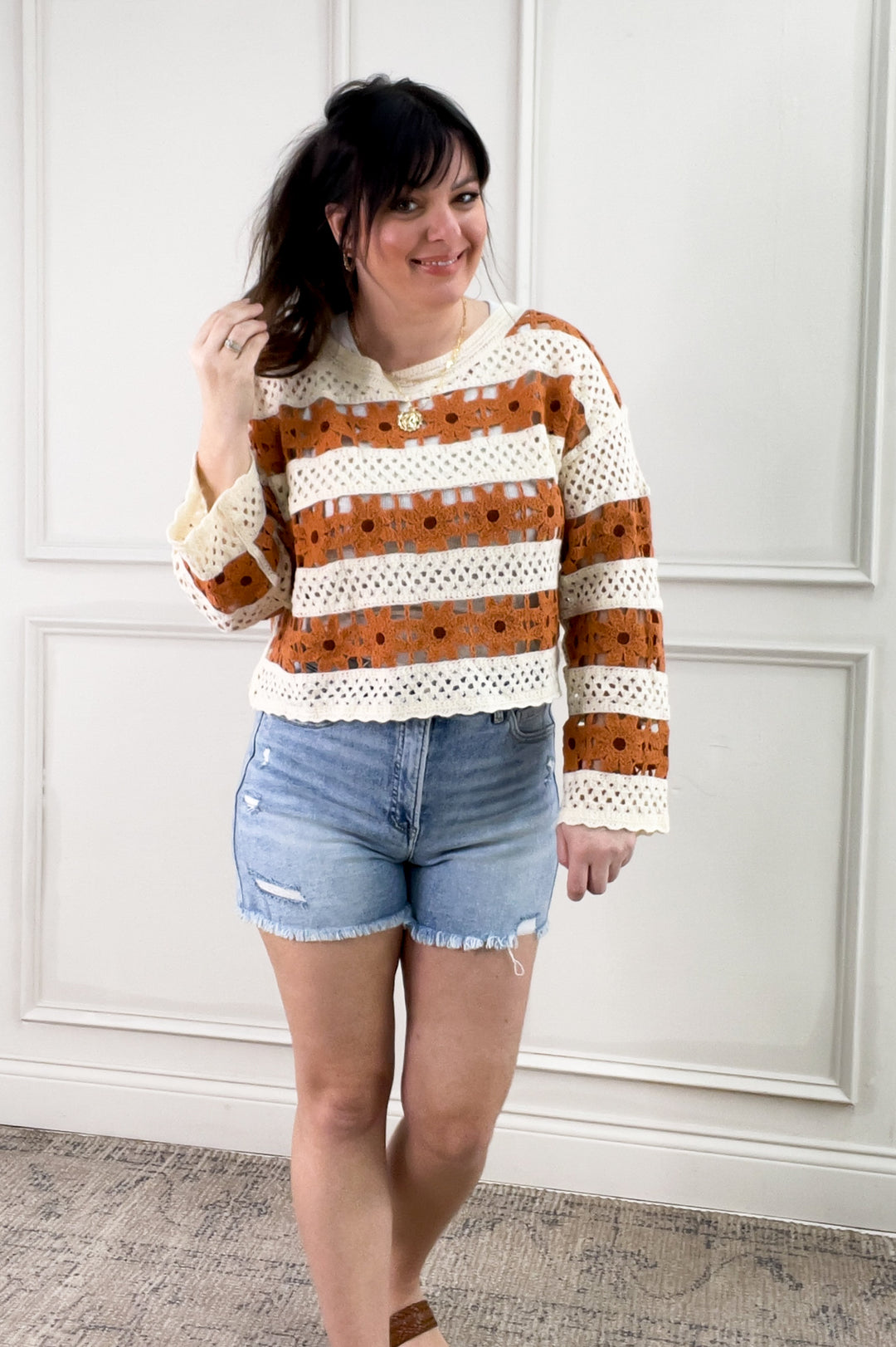 Daisy Open Crochet Knit Pullover
