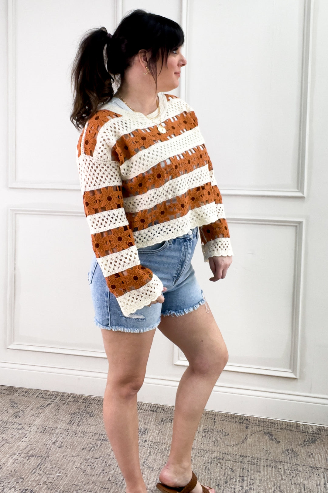 Daisy Open Crochet Knit Pullover