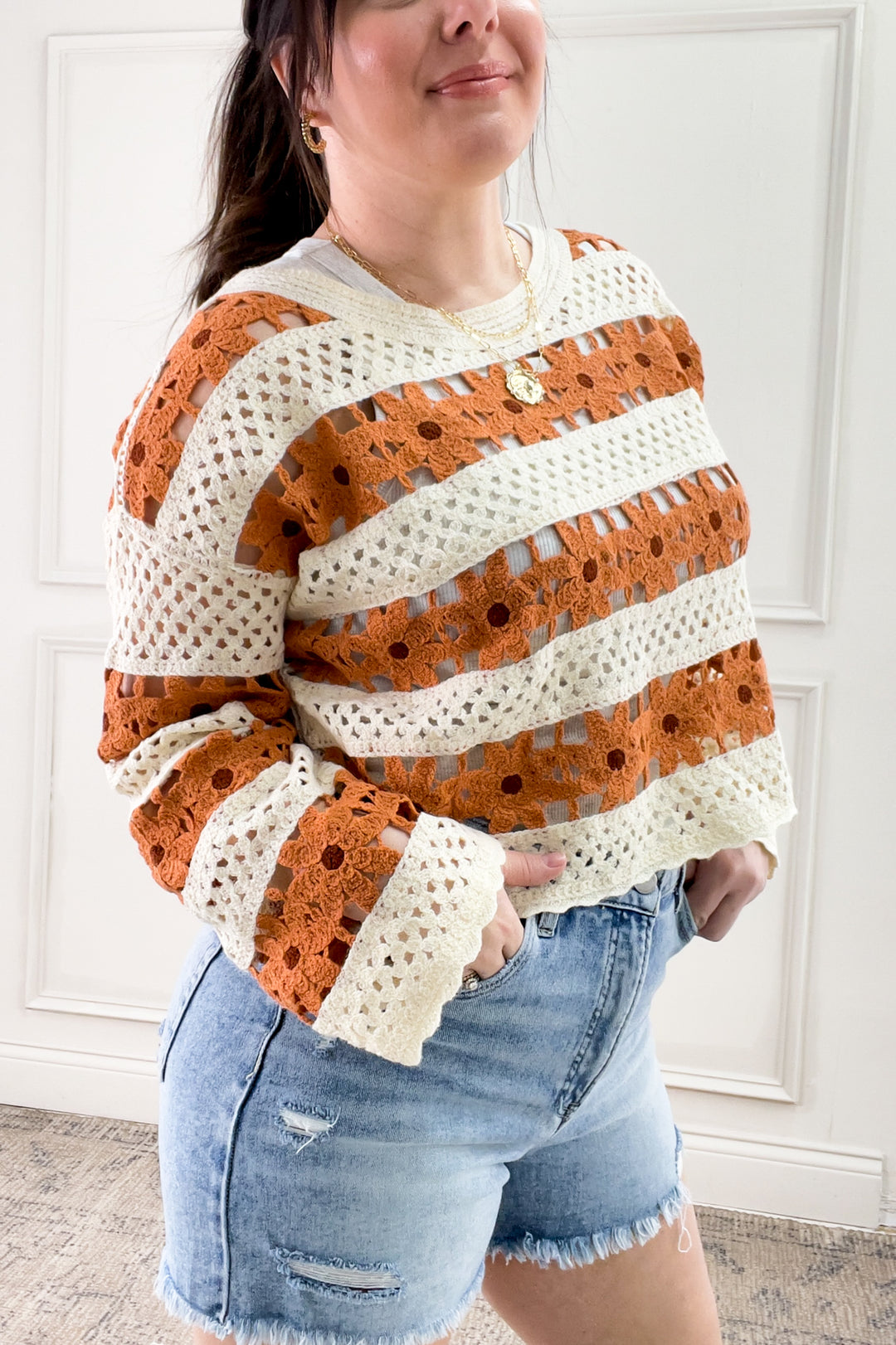 Daisy Open Crochet Knit Pullover