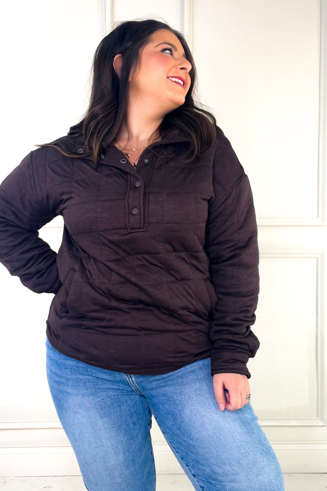 Thread & Supply Snap Button Neckline Quilted Pullover