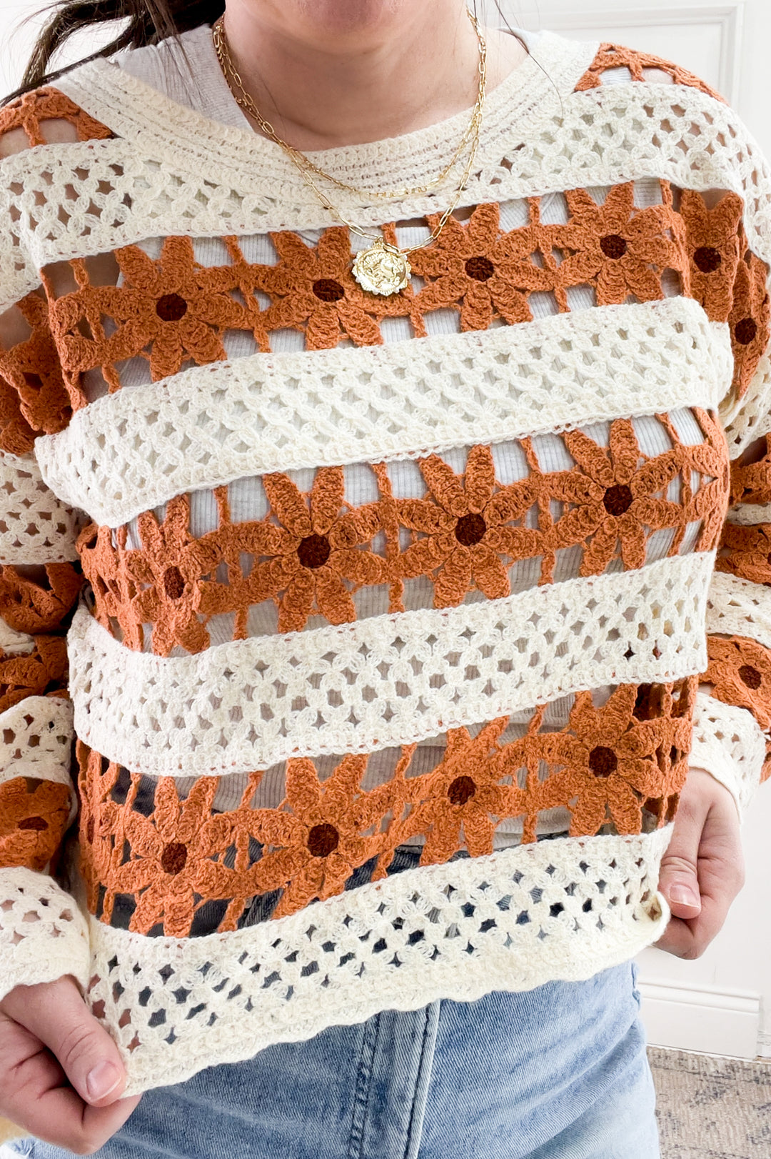 Daisy Open Crochet Knit Pullover