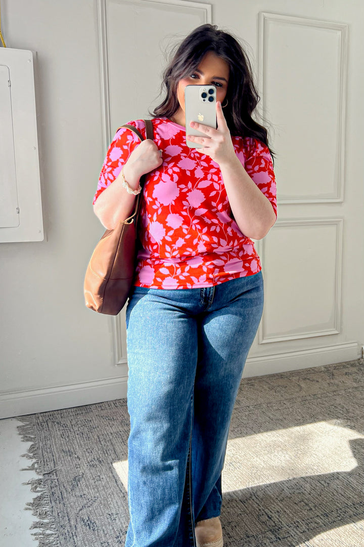 Bright Floral Shirring Detail Short Sleeve Top