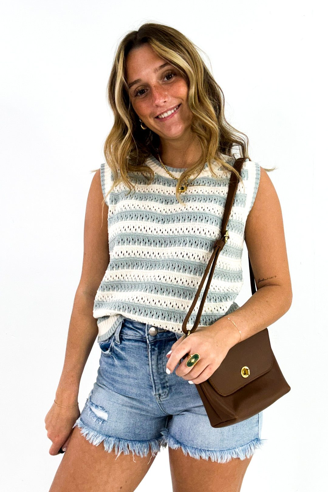 Pointelle Chunky Crochet Knit Stripe Tank