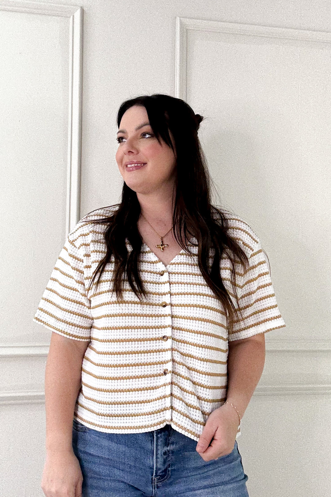 Button Front Textured Waffle Stripe Knit Top