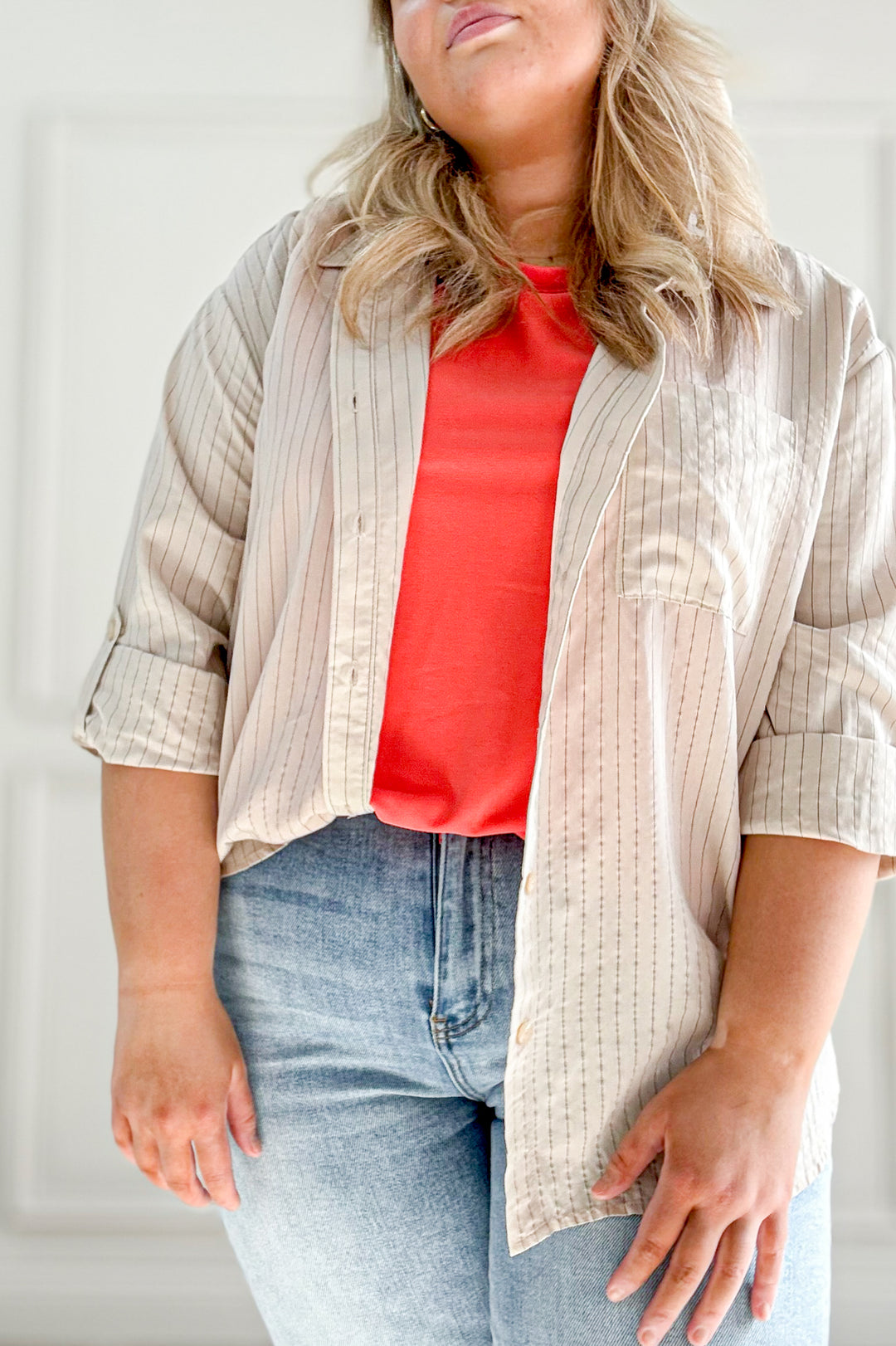 Button Down Pinstripe Lightweight Curvy Top