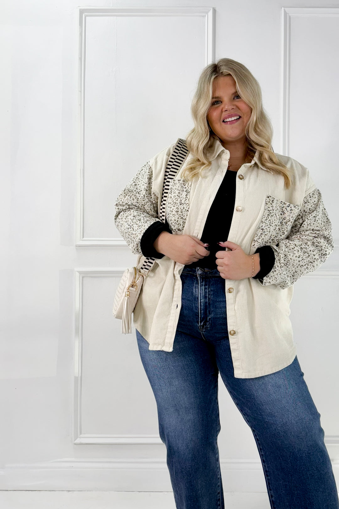 Corduroy & Animal Twill Mix Curvy Shacket