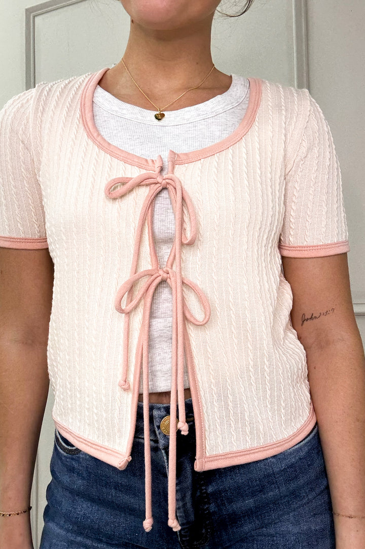Ribbon Bow Tie Short Sleeve Cardigan
