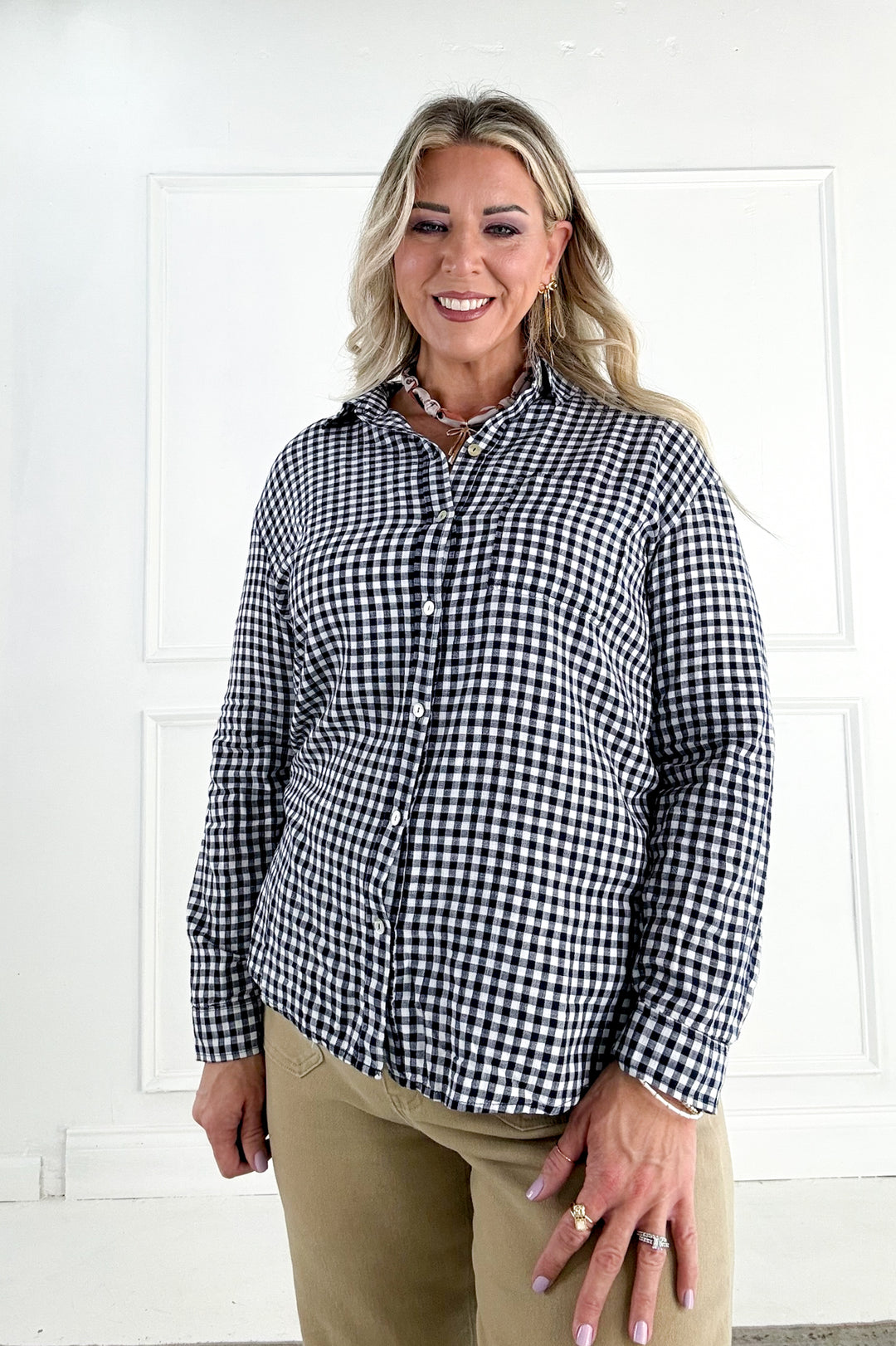 Navy Gingham Long Sleeve Button Up Shirt