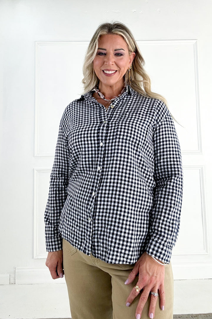 Navy Gingham Long Sleeve Button Up Shirt