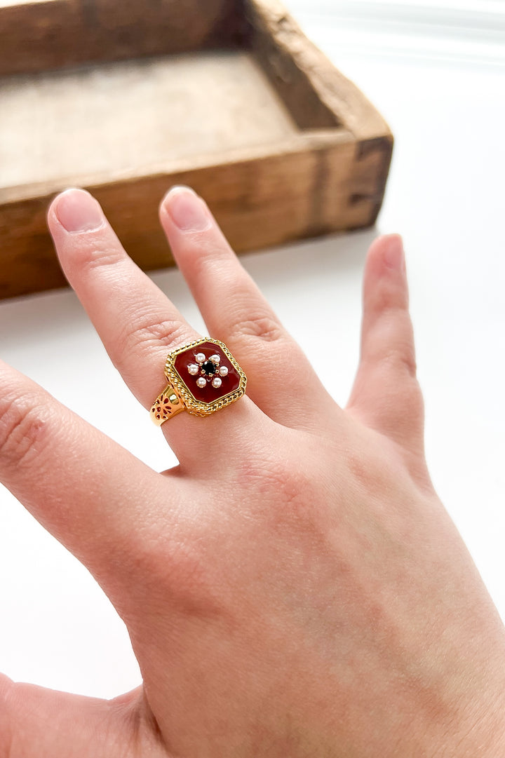 Red Enamel & Pearl 18K Gold Adjustable Ring