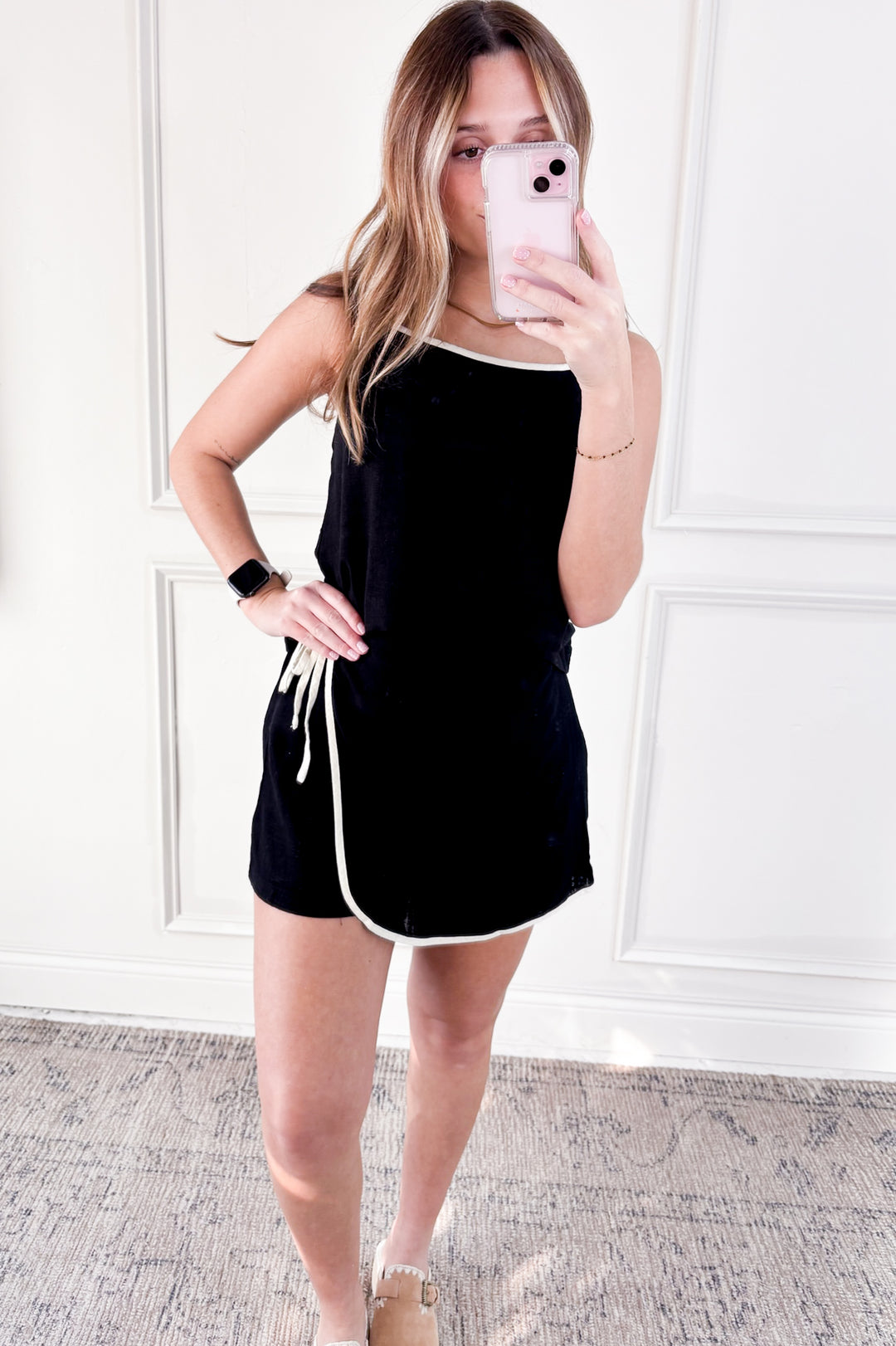 Arcadia Spaghetti Strap Piping Detail Linen Tank