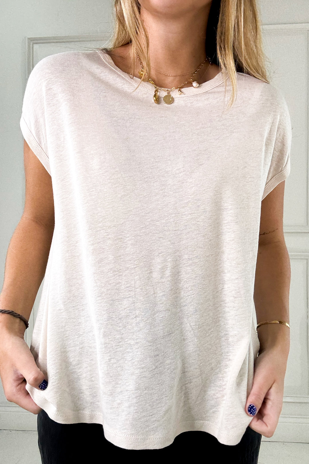 Linen Blended Cap Sleeve Boxy Tee
