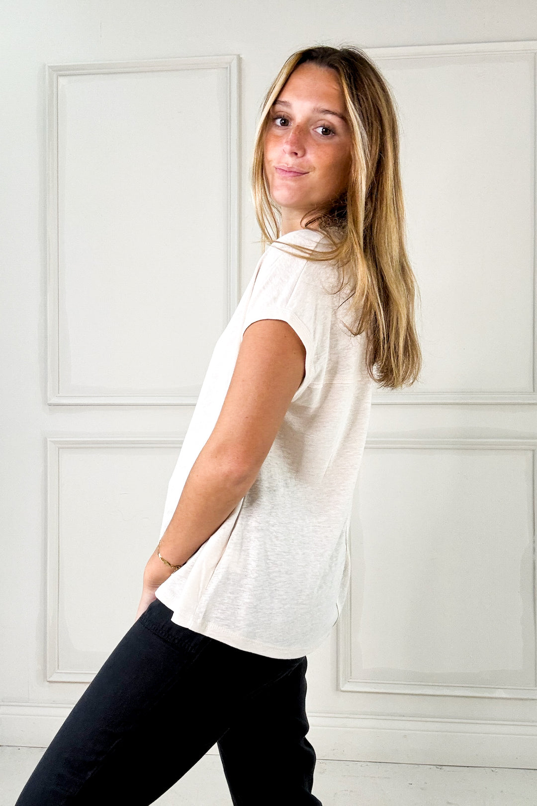 Linen Blended Cap Sleeve Boxy Tee