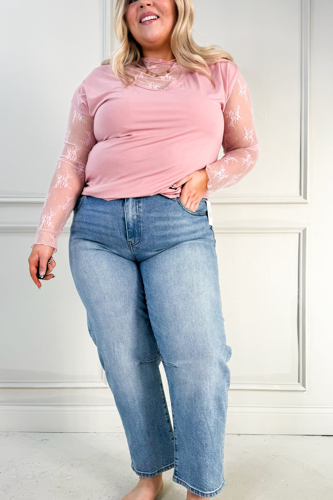 Stretchy Lace Mock Neck Curvy Top