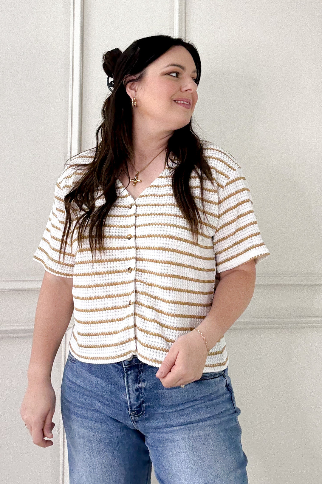Button Front Textured Waffle Stripe Knit Top