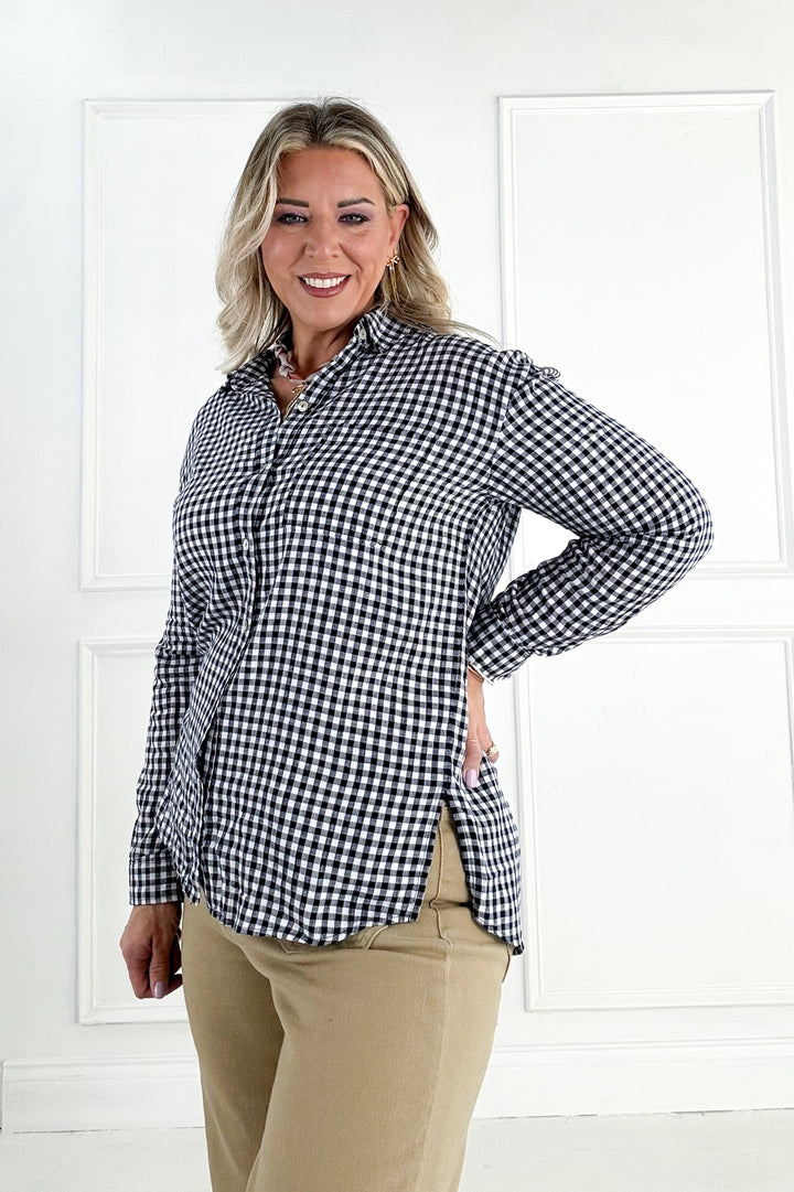 Navy Gingham Long Sleeve Button Up Shirt