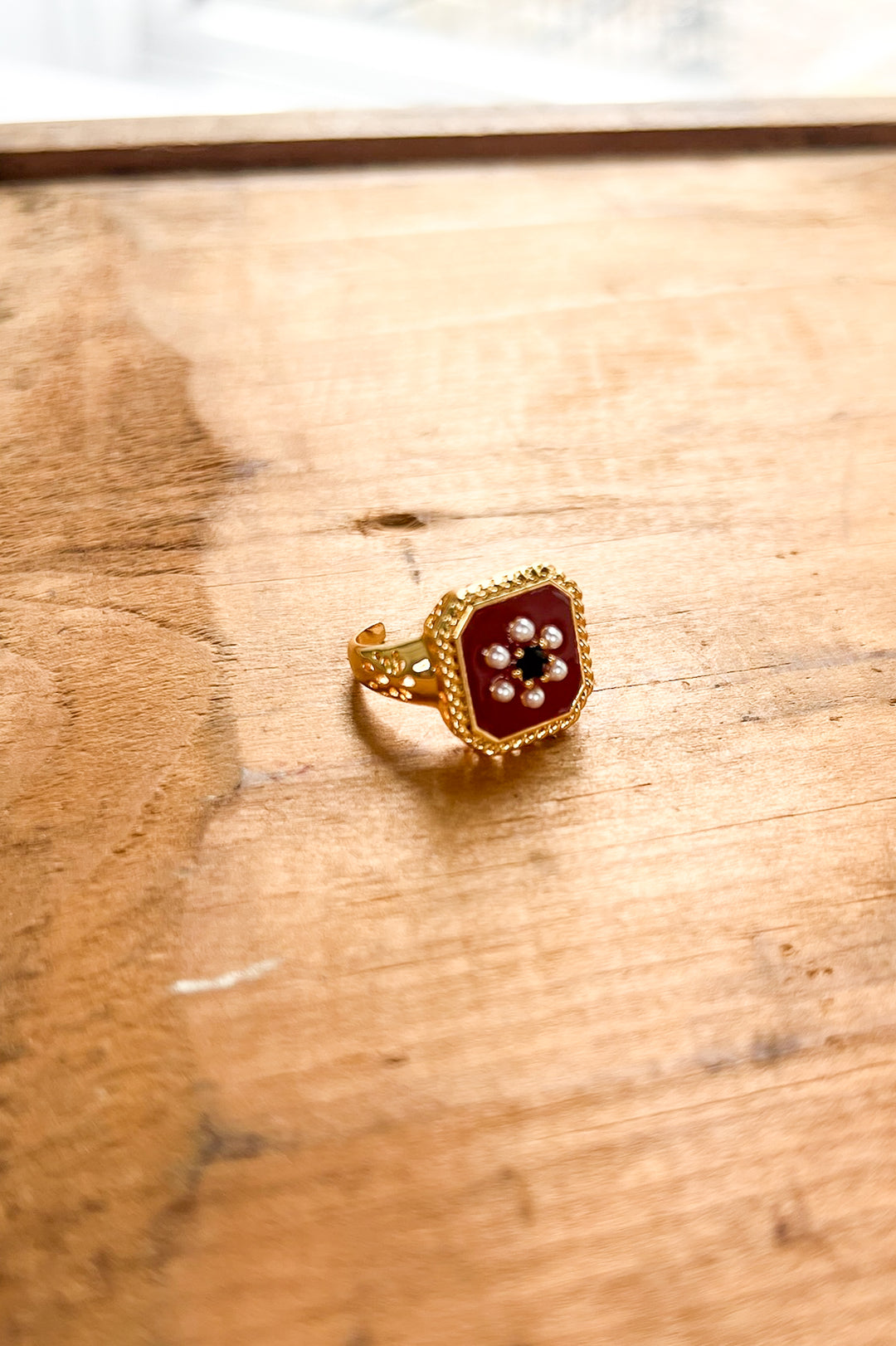 Red Enamel & Pearl 18K Gold Adjustable Ring