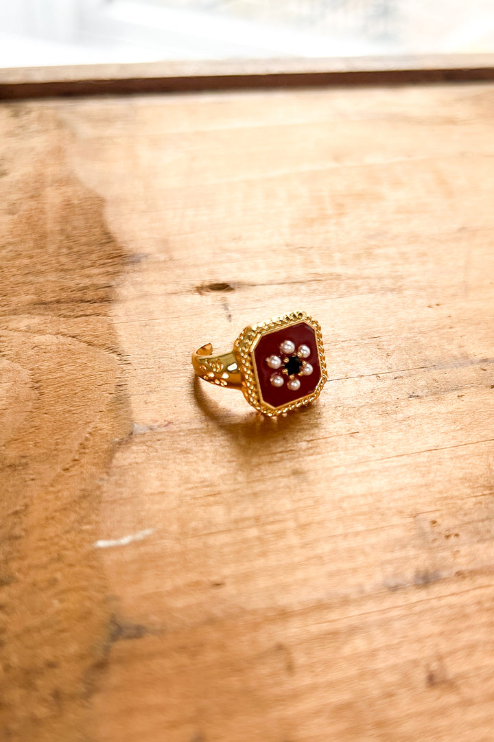 Red Enamel & Pearl 18K Gold Adjustable Ring