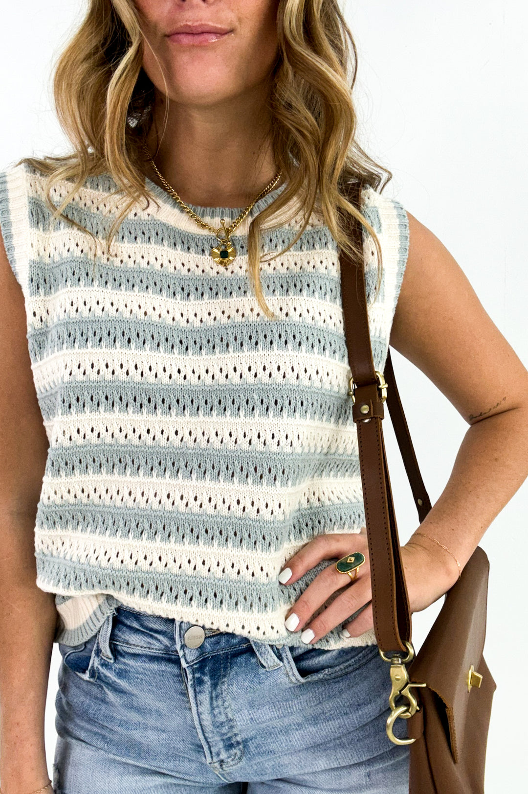 Pointelle Chunky Crochet Knit Stripe Tank