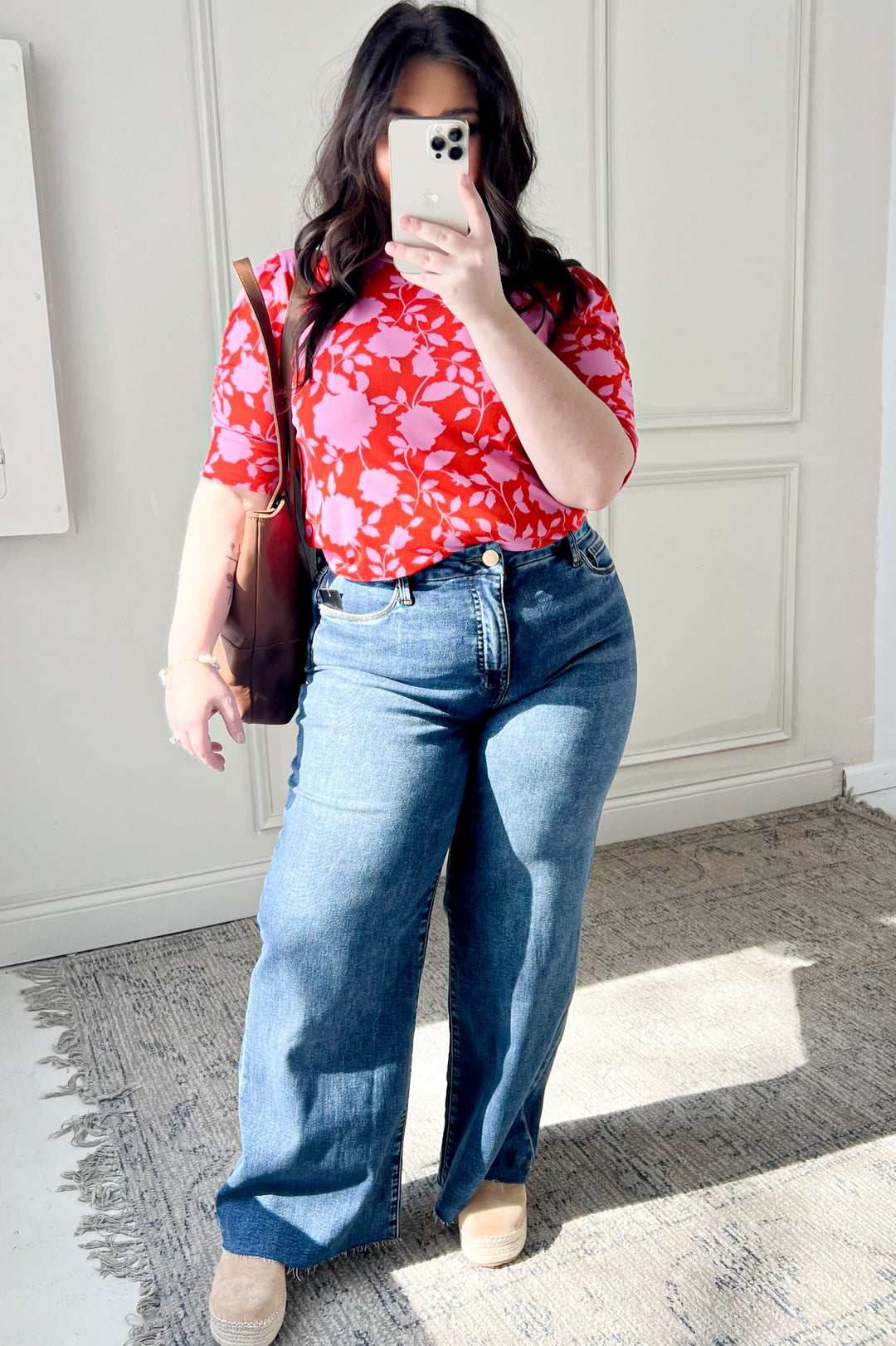 Bright Floral Shirring Detail Short Sleeve Top