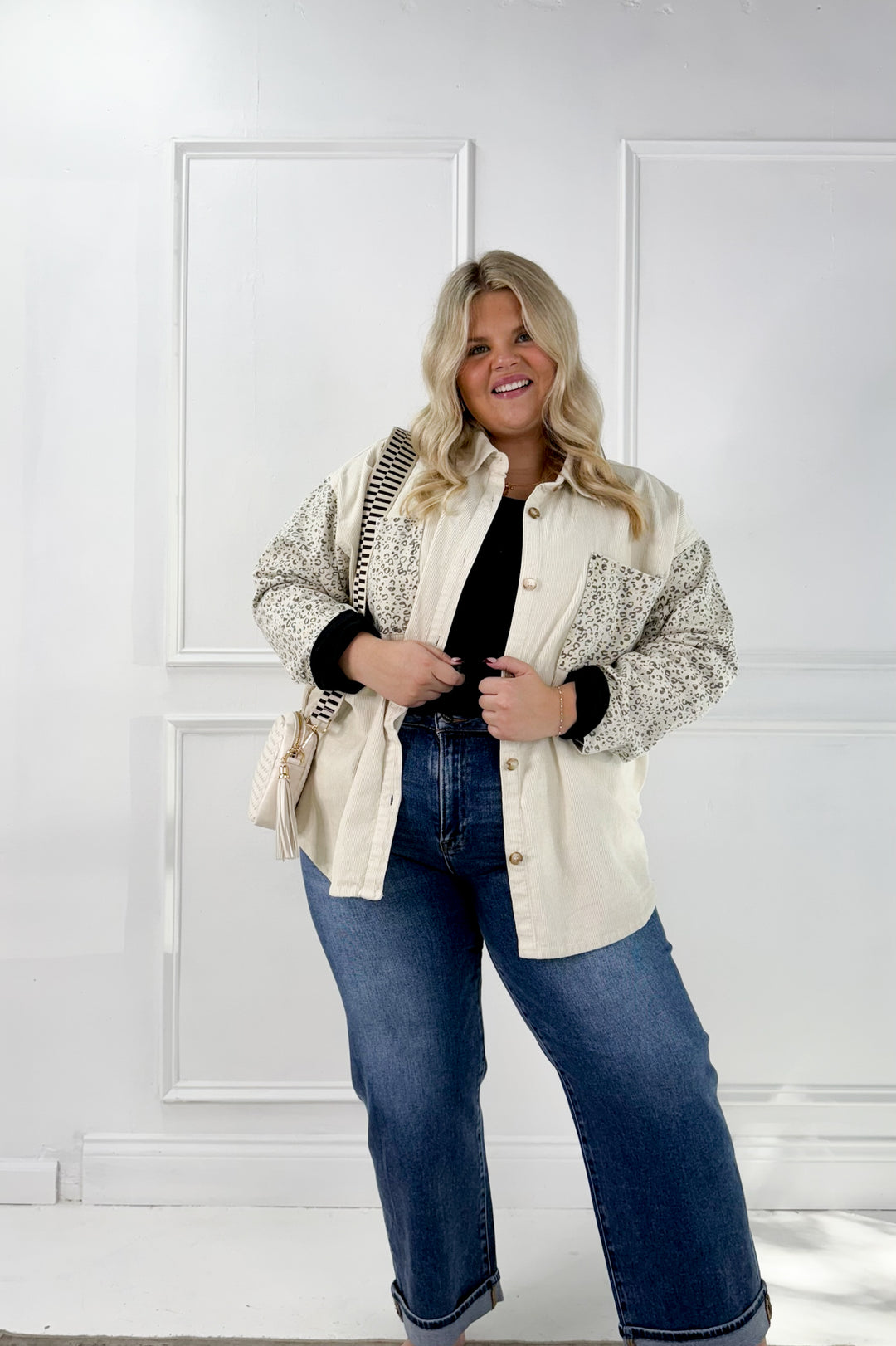 Corduroy & Animal Twill Mix Curvy Shacket