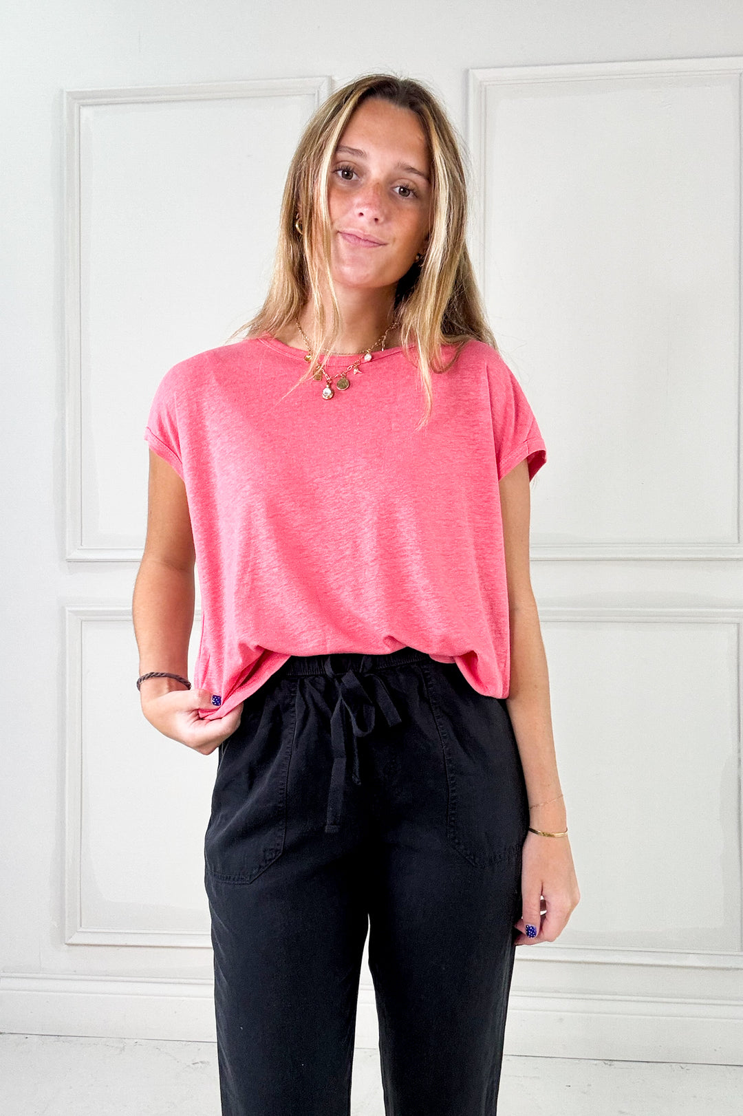 Linen Blended Cap Sleeve Boxy Tee