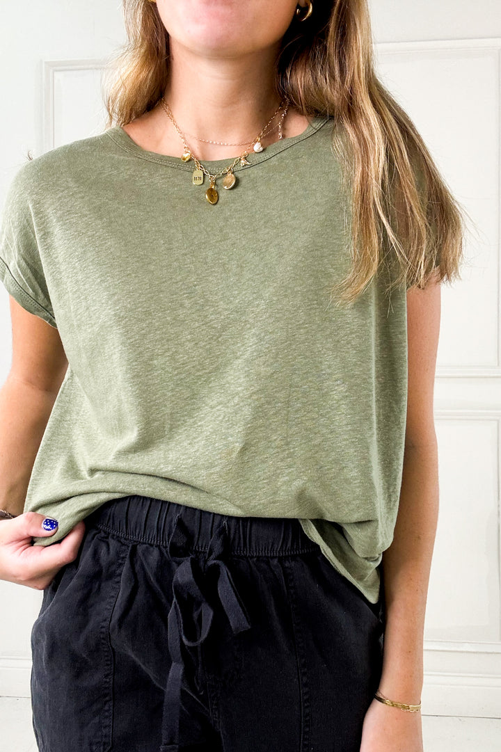Linen Blended Cap Sleeve Boxy Tee