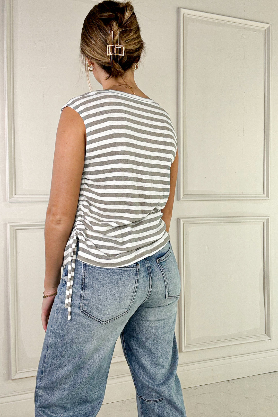 Side Drawstring Detail Sleeveless Stripe Top