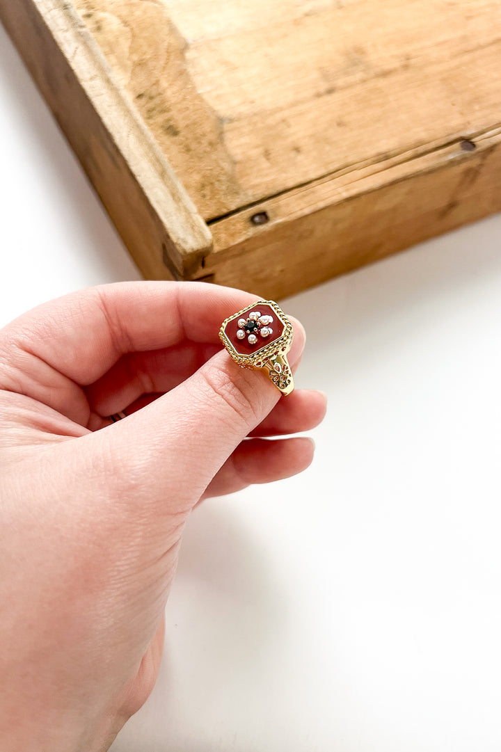 Red Enamel & Pearl 18K Gold Adjustable Ring