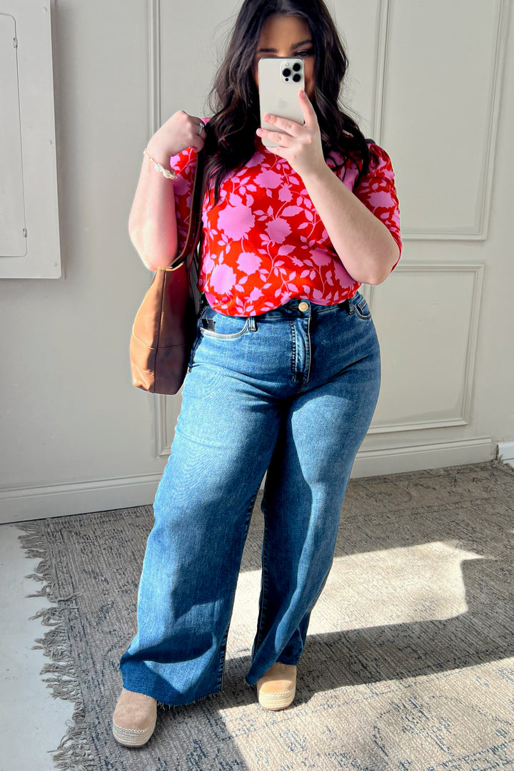 Bright Floral Shirring Detail Short Sleeve Top