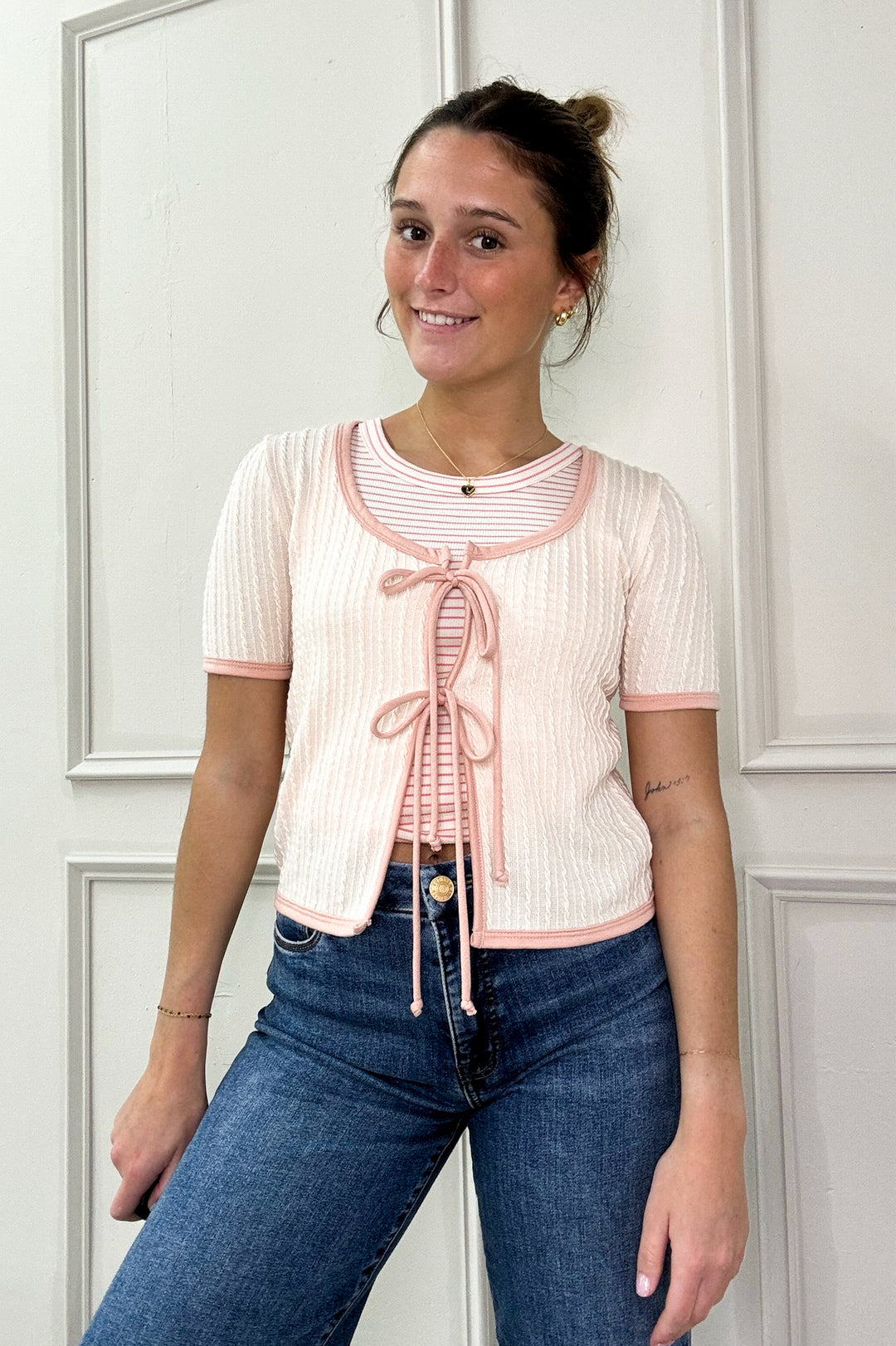 Ribbon Bow Tie Short Sleeve Cardigan