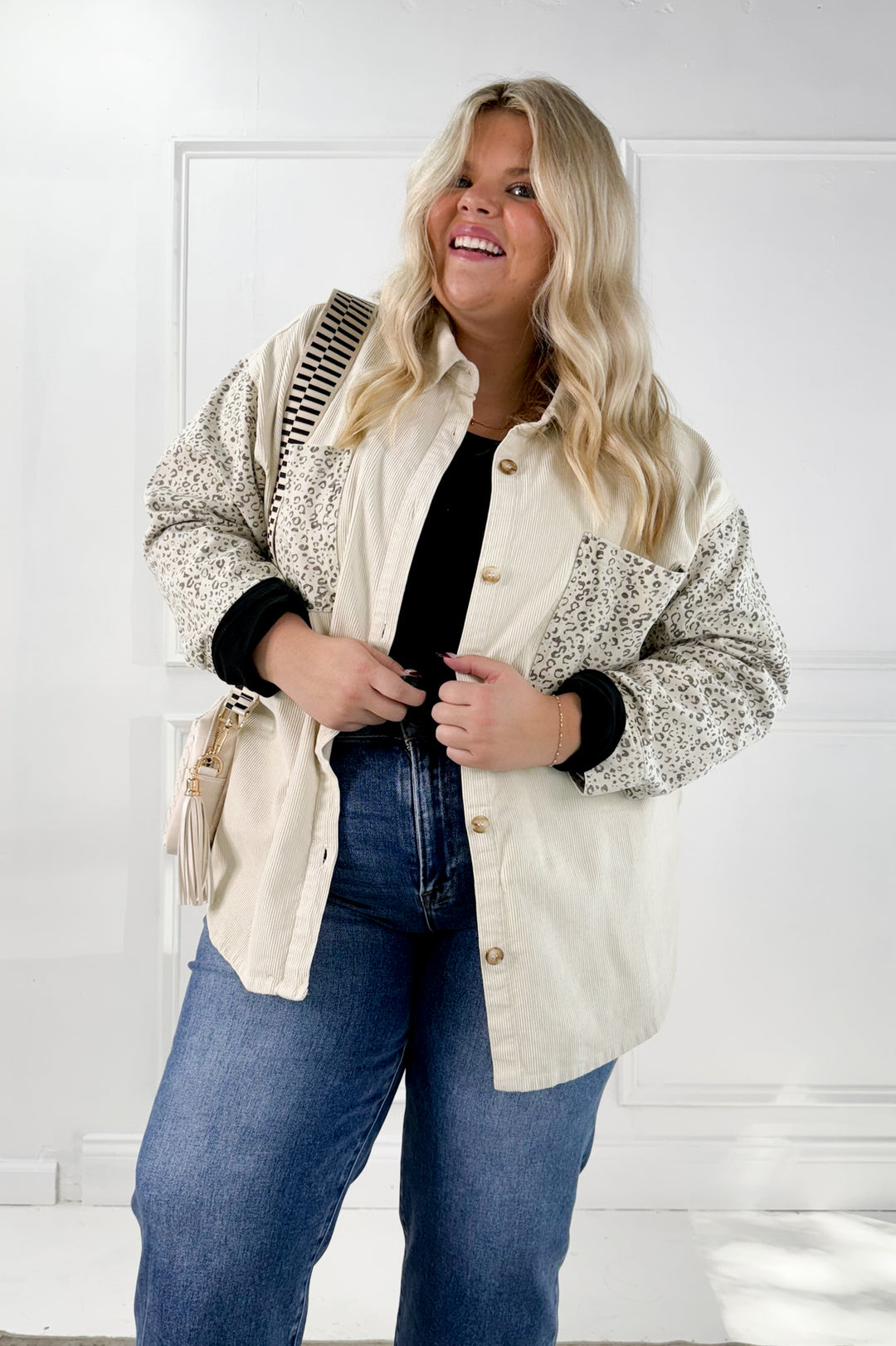 Corduroy & Animal Twill Mix Curvy Shacket