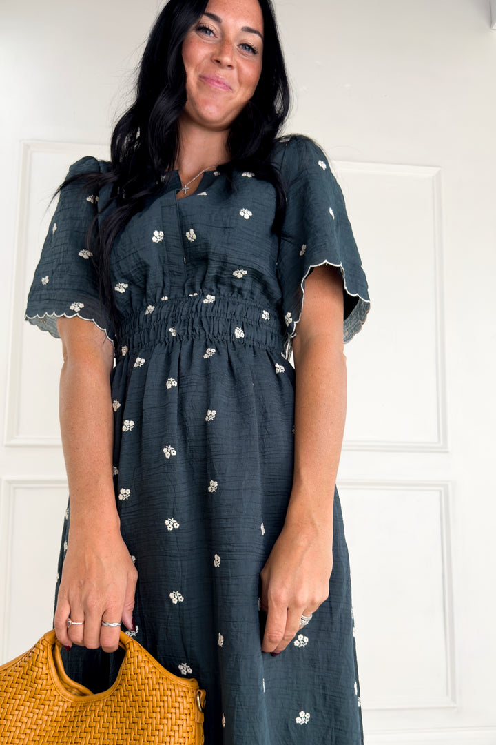 Embroidered Textured Ruffle Hem Midi Dress