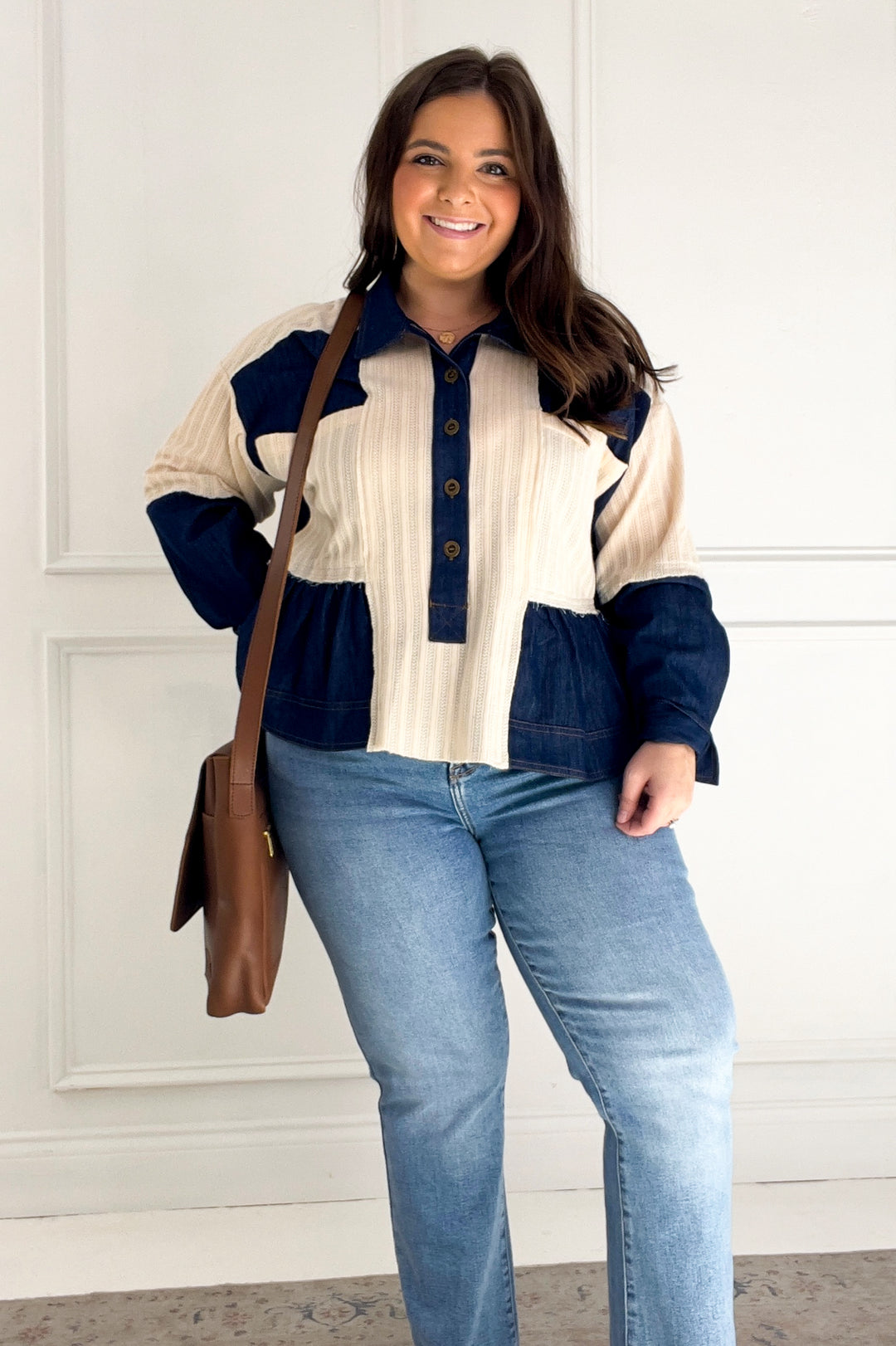 Denim Patchwork Button Down Waffle Knit Top