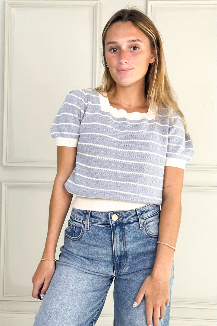 Square Neck Short Sleeve Stripe Top