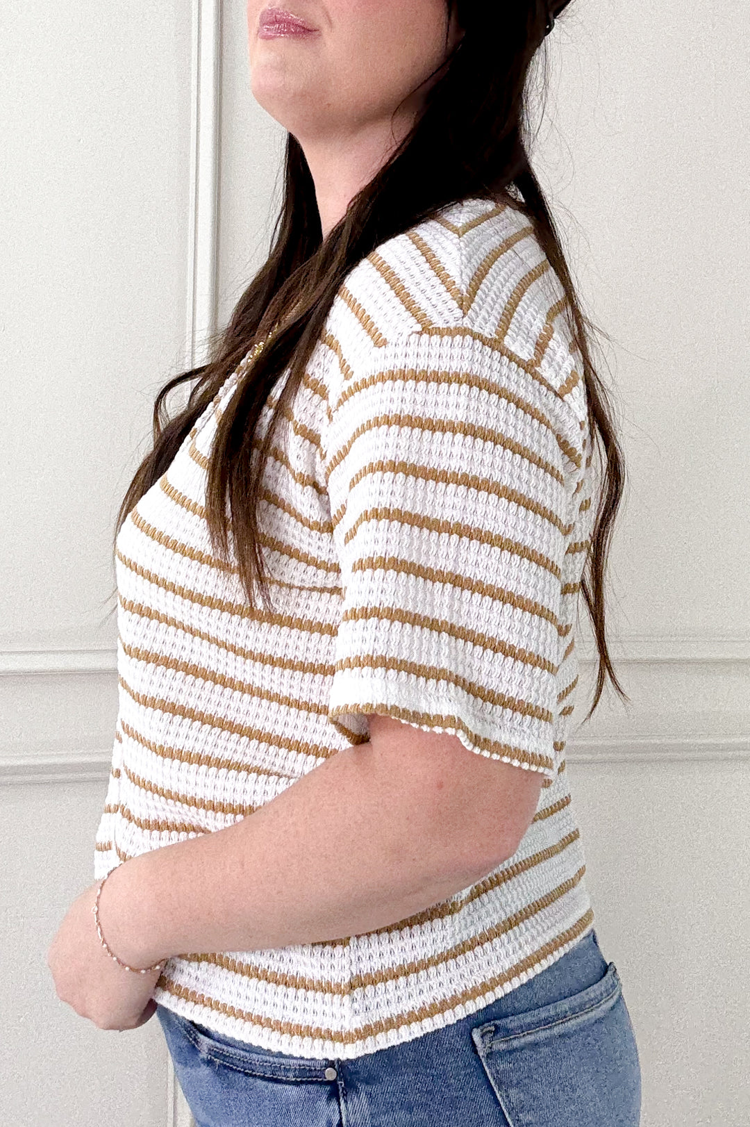 Button Front Textured Waffle Stripe Knit Top