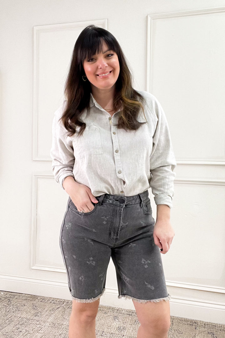 Printed Black Denim Bermuda Shorts