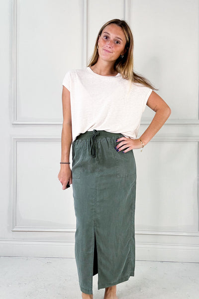 Tencel A-Line Elastic Drawstring Midi Skirt