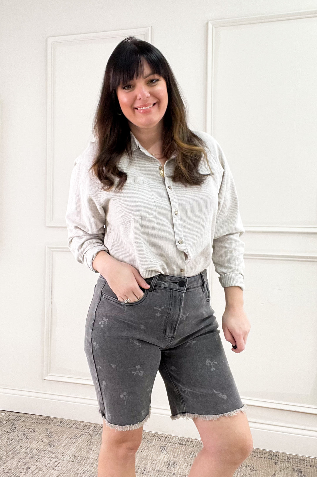 Printed Black Denim Bermuda Shorts