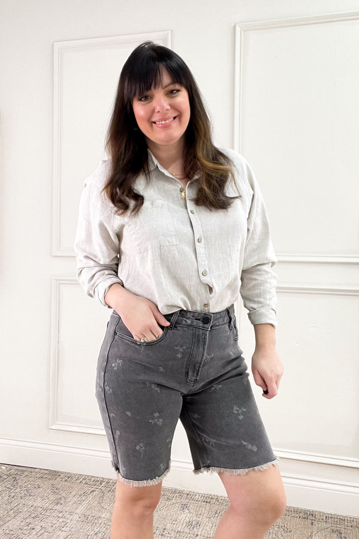 Printed Black Denim Bermuda Shorts