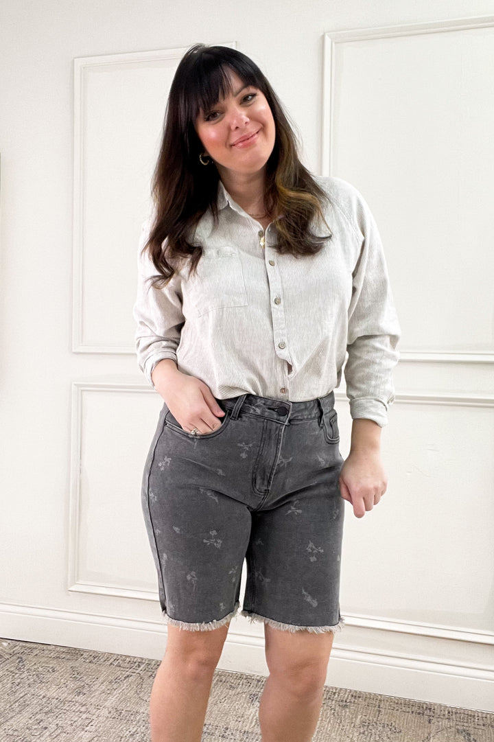 Printed Black Denim Bermuda Shorts