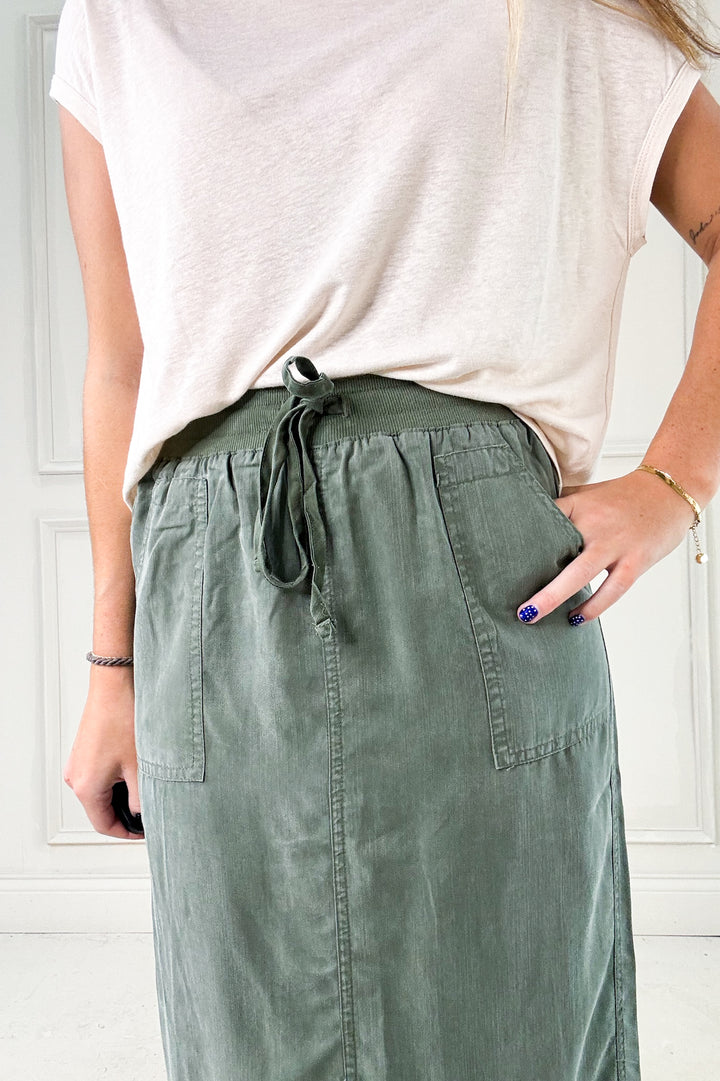 Tencel A-Line Elastic Drawstring Midi Skirt