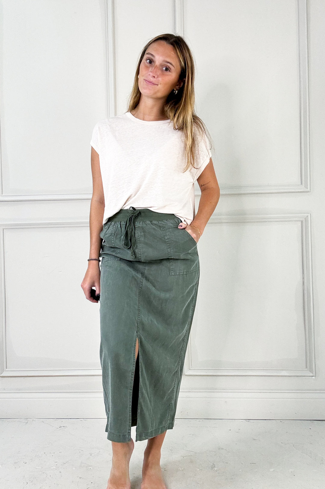 Tencel A-Line Elastic Drawstring Midi Skirt