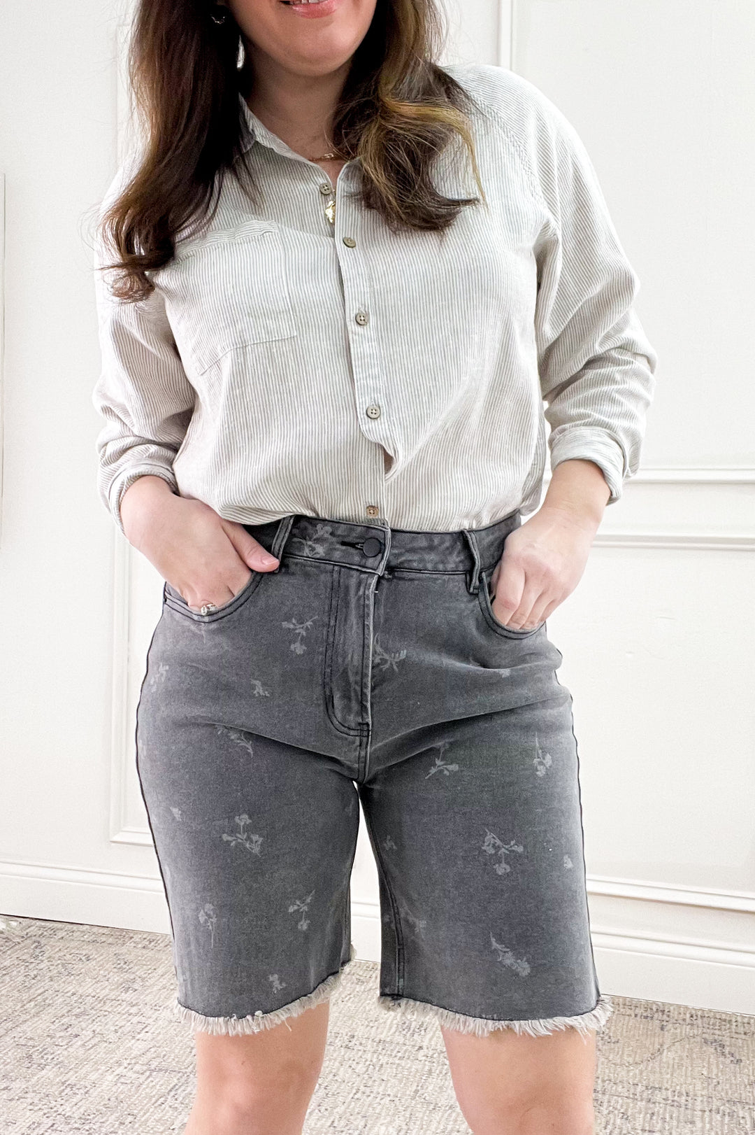 Printed Black Denim Bermuda Shorts